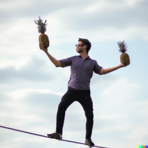 finance manager juggling pineapples on a tightrope