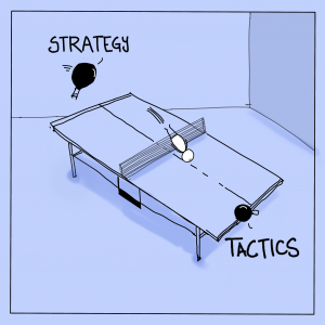 Cartoon of pingpong table with a person being batted around.
