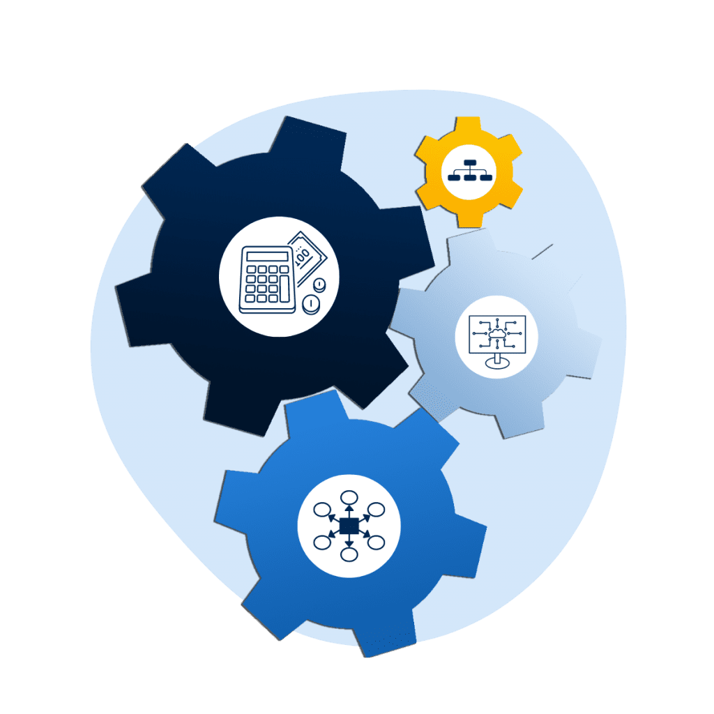 Gears with finance, operations and HR icons